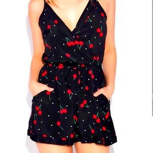 Express Black Dotted Cherry Surplice Romper